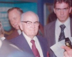 Escorting President Kimball out of the Lee Gardens Hotel in Hong Kong as he was leaving for the airport.