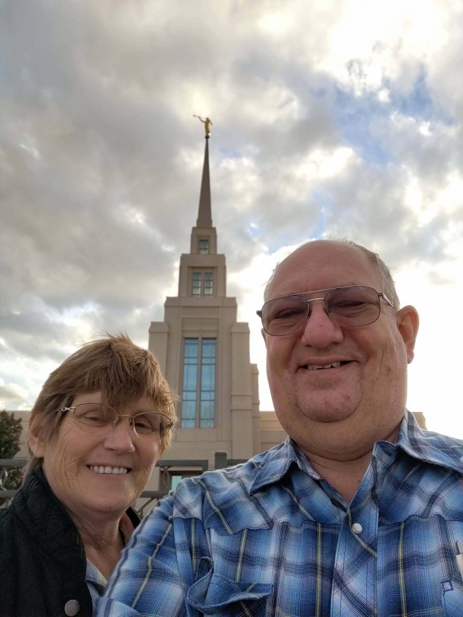 My wife, Melinda, and I at The Gila Valley Arizona Temple on a windy day! Melinda passed away in November 2024.