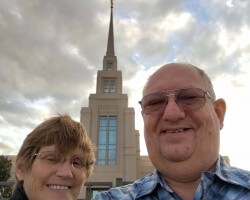 My wife, Melinda, and I at The Gila Valley Arizona Temple on a windy day! Melinda passed away in November 2024.